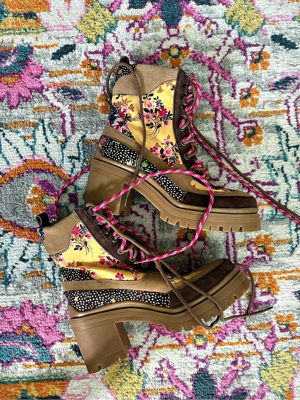 GB Floral Platform Ankle Boots Brown & Pink US 6